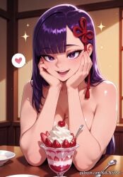2025 :d ai_generated anime bangs bare_shoulders blunt_bangs breasts cherry cleavage collarbone crossover dessert eye_contact female female_focus food fruit hair_accessory hair_ornament hair_ribbon hands_on_own_face heart highres huge_breasts ice_cream indoors inside large_breasts lips long_hair looking_at_viewer mato_seihei_no_slave moaning nsfw open_mouth parfait patreon patreon_username purple_eyes purple_hair red_ribbon ribbon rognezart shiny smile smiling solo sparkle spoken_heart spoon strawberry sundae tassel teeth upper_body very_long_hair whipped_cream yamashiro_ren