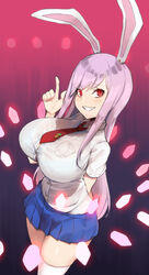 bunny_girl button-up button_gap grin huge_breasts long_hair looking_at_viewer magister_(bigbakunyuu) pink_hair rabbit_ears rabbit_girl red_eyes reisen_udongein_inaba school_uniform schoolgirl skirt thighhighs touhou