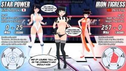 3d 3d_(artwork) 3girls big_breasts black_hair blue_hair breasts catfight english english_text female female_focus female_only going_commando imminent_catfight imminent_fight jobber kimiko_nagasawa large_breasts leotard long_hair measurements mei_li_fang multicolored_hair no_panties original panties pasties purple_eyes red_eyes referee short_hair text thick thick_thighs thighs triggerbunbun two_tone_hair wrestling wrestling_ring x_pasties