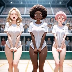 ai_generated blush bottomless bullied bullying closed_eyes clothes_stolen covering covering_crotch crowd crowd_watching dark-skinned_female dark_skin embarrassed embarrassed_underwear_female euf exhibitionism exhibitionist female glj-enf going_commando gym_clothes gym_uniform half-dressed half_naked hands_on_crotch humiliated humiliation multiple_females multiple_girls no_panties no_pants no_shorts outdoors panties_removed pants_removed pantsed pantsing pantsless public public_exposure public_humiliation public_indecency public_nudity pulling_clothing pussy screaming shiny_skin shirt_only shirt_pull shirt_pulled_down shirt_tug shocked shocked_expression short_hair shorts_removed spectators sports sports_festival stolen_clothes story_at_source stripped stripping surprised surprised_expression t-shirt tanned tugging tugging_clothing undressed undressed_by_others