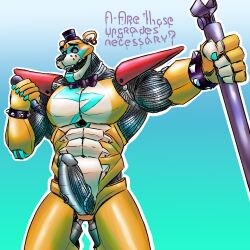 abs animatronic anthro bear big_penis bow_tie clothing dialogue ear_piercing ear_ring electronics erection five_nights_at_freddy's five_nights_at_freddy's:_security_breach gay genitals glamrock_freddy glamrock_freddy_(fnaf) hat headgear headwear hi_res machine male mammal microphone muscular muscular_male penis piercing ring_piercing robot scottgames simonsbathtub solo steel_wool_studios text top_hat
