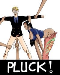 1boy 1girls ability_indecency akuma_no_mi ballbust ballbusting balls balls_grab bondage bottomless bottomless_male breasts cbt cfnm clothed_female_nude_male cock cock_and_ball_torture cock_and_balls_torture crazycolumbina duo female femdom forced giant_breasts hana_hana_no_mi humiliation implied_castration male male_ryona nico_robin nico_robin_(post-timeskip) no_panties one_piece penis pinned restrained sanji sanji_(one_piece)
