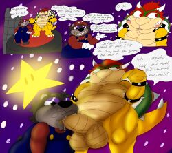2boys anthro ass balls bear big_balls big_butt big_penis bodily_fluids bowser brown_body brown_fur dialogue duo fur furry furry_male furry_only gay genitals gold_(metal) gold_tooth green_body green_scales hair hi_res horn jay_(jaythefox333) jaythefox333 koopa male male/male male_only mammal mario_(cosplay) mario_(series) nintendo oral oral_sex penis penis_in_mouth purple_eyelids red_eyes red_hair reptile saliva scales scalie sharp_teeth shell slightly_chubby slightly_chubby_male spikes star tan_body teeth
