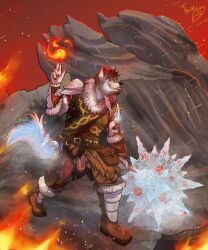 absurd_res adventure adventurer anthro armor beard blood bodily_fluids boots canid canine canis clothing detailed_clothing dynamic elemental_manipulation energy_orb facial_hair fantasy fantasy_art fight fighting_pose fire footwear fur_clothing genitals glowing_effects heroic hi_res ice leather leather_clothing magic magic_user male male/male mammal medieval medieval_armor medieval_clothing medieval_style mountain penis penis_out_of_underwear penis_poking_out pose red_background shoes simple_background smile solo spell theo_young vein veiny_penis warrior wolf wounded
