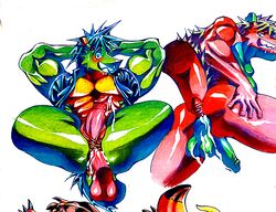 anal anal_sex anthro anus ass blush bodily_fluids clothing cum devil_turtle_(artist) dragon genital_fluids genitals green_body green_skin hair hi_res male male_only morenatsu muscular muscular_male penetration penis reptile scalie sweat tatsuki_(morenatsu) video_games visual_novel yellow_body