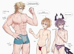 bana_gameg blonde_hair boxer_briefs boxers briefs dahlia_(genshin_impact) durin_(genshin_impact) flexing gay genshin_impact hunk muscles muscular_male navel nipples purple_hair scar size_comparison size_difference smaller_male text_bubble thighs thin_waist thong twink underwear varka_(genshin_impact)
