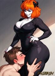 ai_art ai_generated big_ass caption derpina dialogue dominant_female face_in_pussy huge_ass male over_clothes phizben pussy_worship rage_comics story submissive_male word_balloon