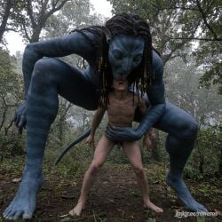 1boy 1girls ai_generated alien alien_girl avatar avatar:_the_way_of_water bigger_female blue_body blue_skin female forest giantess interspecies kissing large_female licking male mini_giantess na'vi neytiri nude outdoor_nudity outdoors penis pussy rower sex size_difference tagme