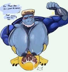 absurd_res aquatic beard big_breasts blush bodily_fluids breasts dialogue duo emoji english_text facial_hair hi_res huge_breasts hyper hyper_breasts lactating male male/male male_lactation mammal meme muscular muscular_male my_hero_academia nipples one_eye_closed pecckart pinniped seal selkie_(my_hero_academia) simple_background text whiskers