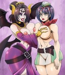 2girls areola areolae asymmetrical_docking belt belt_buckle big_areola big_areolae big_breasts black_belt black_hair breasts digimon digimon_(species) digimon_story digimon_story:_time_stranger dress eyeshadow female female_only full_lips glasses glasses_on_head glove green_eyes green_hat groping groping_breast hand_on_breast hat hypnosis implied_hypnosis implied_mind_control kanan_yuki light-skinned_female light_skin lilithmon lipstick medium_hair metal_gloves mind_control navel nipples purple_dress purple_eyeshadow red_glasses red_lips red_lipstick red_scarf scarf skirt slim_waist topless topless_female wings yuuki_kanan zorro-zero