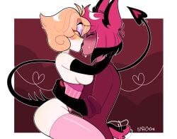 1boy 1girls alastor_(hazbin_hotel) bite_mark blush breasts clothed clothing demon duo eyes female female_lucifer female_penetrated hair hazbin_hotel humanoid kissing lucifer_morningstar_(hazbin_hotel) male male/female nipples open_mouth partially_clothed pleasure_face radioapple red_eyes red_hair rule_63 softcocoa straight thick_thighs tongue tongue_out white_body white_skin