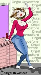 ahe_gao ass big_breasts bow_tie brown_hair duckface energy female_only jeans mirror nipples pringle_(character) pringles red_lipstick thick thick_ass thick_legs thick_lips thick_thighs