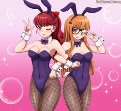 2girls atlus bowtie breasts bunny_ear bunny_ears bunny_girl bunny_tail bunnysuit female female_only fishnet_pantyhose fishnets fully_clothed glasses kasumi_yoshizawa light-skinned_female light_skin lipstick long_hair orange_hair pantyhose patdarux patdarux_dream peace_sign persona persona_5 persona_5_royal ponytail purple_eyes red_eyes red_hair sakura_futaba sumire_yoshizawa tongue_out v v_over_eye winking_at_viewer