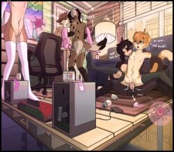 absurd_res after_sex against_desk against_furniture against_surface against_wall alcohol anal anal_sex anthro apartment arm_warmers armwear beer beverage blush bodily_fluids bong breeding_spree canid canine canis chair chair_position chastity_cage chastity_device clothing clover_(artist) computer condom controller cross_section cum cum_drip cum_from_vagina cum_in_ass cum_in_chastity_cage cum_in_vagina cum_inside cum_through_chastity cuntboy desk detailed_background dividing_ovum domestic_cat domestic_dog dripping drugs electronics felid feline felis filled_condom from_behind_position fur furniture game_console game_controller genital_fluids group group_sex haplorhine hi_res hyena impregnation intersex intersex/male jackson_(luxsimius) legwear male male/male mammal monkey nonbinary_(lore) office_chair on_lap orange_body orange_fur orgy ovum party penetration pride_color_flag primate pussy room_party rug sex sexual_barrier_device shaking sitting sitting_on_another sitting_on_ground sitting_on_lap sofa speaker stockings stupidlewdcat table thigh_highs trembling unused_condom unwanted_cum_inside unwanted_impregnation vaginal vaginal_penetration