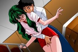 1boy 1girls 90s arisa_(vision) arm_around_waist black_hair blush clothed clothing couple female fingering fingering_from_behind fingering_through_clothes fully_clothed game_cg green_eyes green_hair gym_storeroom gym_uniform holding indoors leaning_forward long_hair looking_at_another looking_back lowres male matching_hair/eyes moaning one_eye_closed open_mouth short_hair smile sogna standing thick_thighs thighs vaulting_horse viper_(series) viper_island vision_(series) vision_2_(game)