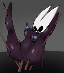 black_skin blue_nipples dead death expressionless female female_death gore guro hollow_knight:_silksong hornet_(hollow_knight) impalement male mask necrophilia silksong solo spikes trap white_mask