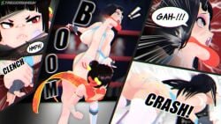 2girls 3d 3d_(artwork) ass big_ass big_breasts big_butt black_hair breasts catfight chinese_clothes english english_text face_down_ass_up female female_focus female_only fight fighting going_commando hair_bun hair_buns height_difference instant_ko jobber kick kimiko_nagasawa knocked_out large_ass large_breasts leotard long_hair mei_li_fang no_panties original purple_eyes red_eyes ryona short_hair size_difference speech_bubble text triggerbunbun wrestlingryona wrist_grab