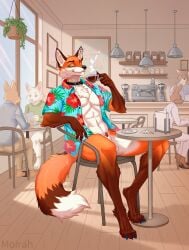 ambiguous_gender animal_genitalia animal_penis anthro background_character barbell_piercing beverage black_nose cafe canid canine closed_eyes coffee coffee_cup coffee_shop coffee_table collar colored_nails container cup digital_drawing_(artwork) digital_media_(artwork) fox fur genital_piercing genitals glans_piercing hi_res kol_(kolfoxy) lagomorph leporid makeup male mammal moirah nails orange_body orange_fur penis penis_piercing penis_tip piercing rabbit red_fox shaded smile solo tail true_fox