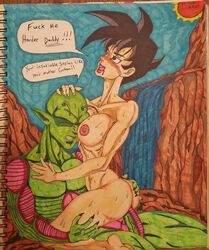 anal anal_sex daddy_kink dragon_ball dragon_ball_z female genderswap outside piccolo princeadam rule_63 sex son_gohan speech_bubbles sweat traditional_media_(artwork)