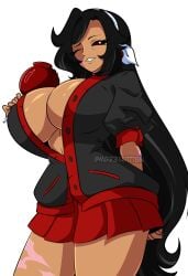 1girls ava_(mg231101778) big_ass big_booty big_breasts big_nipples big_thighs black_eyes black_hair breasts desk female female_only grandma grandmother grey_hair highschool_uniform huge_breasts huge_thighs looking_at_viewer m.grace mg231101778 nipples_covered no_pants old_female old_lady original_character red_iris scars school_uniform sharp_teeth sitting tanned_skin tanned_skinned_female tits_covered underboob underwear wink winking_at_viewer