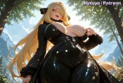 ai_generated animated big_ass big_breasts blonde_female blonde_hair cynthia_(pokemon) dominant dominant_female femdom fondling grabbing grabbing_own_breast long_hair looking_down low-angle_view milf nyxaya outdoors pokemon sagging_breasts sex sexy sound tagme video yellow_eyes yellow_hair