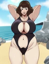 1girls armpits arms_behind_head atlus beach big_breasts black_pubic_hair black_swimsuit breasts brown_hair cleavage female female_only hair laundrymom mature mature_female mature_woman persona persona_5 plump pubes pubic_hair sadayo_kawakami short_hair solo solo_female swimsuit swimwear thighs voluptuous voluptuous_female wet wet_body wet_skin