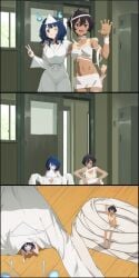2girls ai_assisted ai_generated bangs barefoot blue_eyes blue_hair blush breasts clawed_fingers comic confused crawling dark-skinned_female dark_hair embarrassed embarrassed_nude_female extreme_size_difference feet feet_up female fit_female from_above full_body ghost_costume halloween halloween_costume happy highres holding_clothing looking_at_viewer looking_down_at_breasts looking_up_at_viewer make_heroine_ga_oo_sugiru! medium_breasts micro micro_female microphilia midriff mummy_costume mummy_wrappings navel nipples nude nude_female oversized_clothes panicking peace_sign purple_eyes short_hair shrink shrinking shrunk shrunken shrunken_female sitting size_difference sleeves_past_wrists small_breasts smaller_female sweatdrop tan_body tan_skin tanline tanlines tomboy under_clothes waving waving_at_viewer wink yakishio_lemon yanami_anna