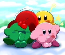 absurd_res alien anthro anus ass balls balls_on_face clone cloud erection genitals group hi_res humanoid_genitalia humanoid_penis kirby kirby_(series) kirby_and_the_amazing_mirror male male_only motion_lines nintendo on_top penis question_mark raised_arm sitting standing standing_on_cloud tepigfan101 waddling_head