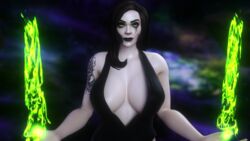 1girls 3d big_breasts black_hair blizzard_entertainment clothed dress female fire goth green_eyes high_heels human human_(warcraft) human_(world_of_warcraft) long_dress looking_at_viewer magic original_character pinup standing stockings warlock warlock_(warcraft) world_of_warcraft zentaeron zentaria_blackwood