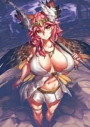 1girls alternate_costume breasts breasts_apart circe_(fate) cosplay fate/extra fate/grand_order fate_(series) female fox_ears fox_girl headband huge_breasts looking_at_viewer melon22 midriff necklace no_bra oerba_yun_fang pink_eyebrows pink_hair solo staff tamamo_nine tamamo_no_mae_(fate) type-moon wings yellow_eyes