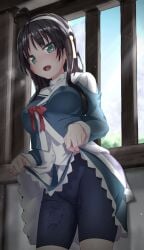 :d ahoge aqua_jacket aqua_skirt aroused backlighting bike_shorts black_hair black_shorts blush bow bowtie breasts classroom clothes_lift commentary_request covered_nipples cowboy_shot day female female_masturbation furrowed_brow green_eyes groin hair_between_eyes hair_ornament hairband highres hitachi_mako indoors jacket large_breasts lifting_own_clothes long_hair long_sleeves looking_at_viewer masturbation nose_blush official_alternate_costume open_mouth public_indecency pussy pussy_juice pussy_juice_stain red_bow red_bowtie sailor_collar sam39796 school_uniform senren_banka serafuku sex_toy shirt shorts sidelocks skirt skirt_lift smile solo sunlight tassel tassel_hair_ornament vibrator vibrator_under_clothes white_hairband white_sailor_collar white_shirt window