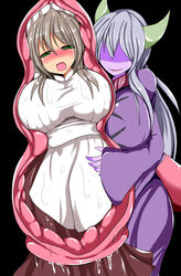 2girls big_breasts brown_hair clothing demon_girl demon_horns green_eyes half-closed_eyes inma_(takukuroneko) purple_skin saliva smile tail tail_mouth tail_vore takukuroneko vore white_hair x-ray