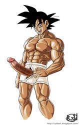 1boy abs biceps big_arms big_biceps big_bulge big_calves big_legs big_muscles big_penis big_thighs black_hair boxers boxers_(clothing) bulge dragon_ball dragon_ball_z erection hair highres huge_cock lingerie long_penis male male_nipples male_only muscle muscles muscular muscular_arms muscular_legs muscular_male muscular_thighs pecs penis penis_through_fly penis_through_underwear ryld ryldart serratus_anterior smile smiling smirk smirking solo son_goku straight_hair underwear veins veiny_penis white_underwear