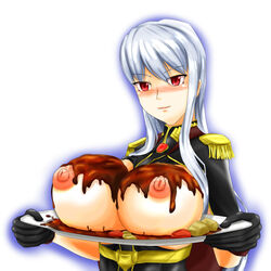 blush breasts breasts_on_tray chocolate clothing female gloves huge_breasts large_breasts long_hair messy military_uniform nipples platter r2-d2_(artist) red_eyes selvaria_bles silver_hair solo straight_hair tray uniform valkyria_chronicles valkyria_chronicles_1