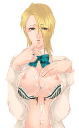 bleach blonde_hair blush bow bra breasts cum cum_on_body cum_on_breasts cum_on_upper_body green_eyes kira_izuru large_breasts lingerie nipples open_clothes open_shirt rule_63 school_uniform shirt underwear