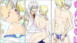 anal_fingering bath bleach blonde_hair blush bondage crossdressing erection femboy fingering grey_hair grin hair_over_one_eyes ichimaru_gin izuru_kira kira_izuru oekaki panties penis smile striped striped_panties underwear white_jacket yaoi