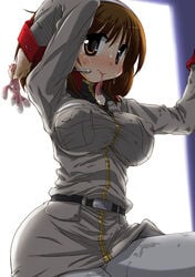 1girls blush breasts brown_eyes brown_hair condom condom_in_mouth cum cum_on_clothes curvaceous earth_federation erection_under_clothes facial female gundam gundam_lost_war_chronicles headset hirowa_nagi human large_breasts light-skinned_female light_skin military military_uniform mouth_hold noel_anderson pantyhose solo taut_shirt uniform used_condom wide_hips