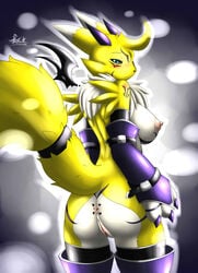 2010 anthro anus aqua_eyes ass back big_breasts breasts claws detached_sleeves digimon female female_only fur furry horns looking_at_viewer mn_xenx nipples nude pussy renamon scar solo tail thighhighs wings