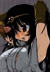 arms_up black_hair blush breasts brown_eyes censored circlet clothing cum cum_on_clothes cum_string druaga_no_tou elbow_gloves facial fellatio gloves hirowa_nagi jewelry ki_(druaga) large_breasts necklace nipple_slip nipples oral penis saliva saliva_trail sweat tongue