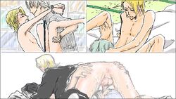 69 anal anus bondage bed_sheet bedsheets bleach blonde_hair blush bondage grey_hair grin ichimaru_gin kira_izuru oral penis smile yaoi