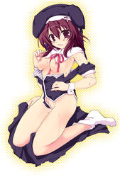 blush breasts chante_avignon chantez_arpinion character_request cross female footwear habit halftone halftone_background hat highres kimura_chiruno lyrical_nanoha mahou_shoujo_lyrical_nanoha mahou_shoujo_lyrical_nanoha_vivid nipples no_bra no_panties nun open_mouth pussy red_eyes red_hair ribbon short_hair sitting socks solo sweat tear torn_clothes wariza wrist_cuffs