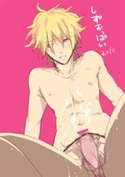 1boy blonde_hair crossdressing cum durarara!! heiwajima_shizuo male male_only panties penis solo translation_request underwear yellow_eyes