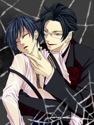 2boys black_hair ciel_phantomhive claude_faustus closed_eyes dripping gay glasses kuroshitsuji male suspenders tagme unconscious wet yaoi