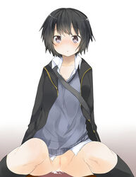 after_sex amagami ayase08 black_eyes black_hair blush cum cum_in_pussy cum_inside highres kneehighs nanasaki_ai no_panties pussy school_uniform short_hair sitting socks solo spread_legs sweater uncensored