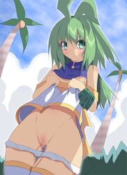 blush censored green_eyes green_hair marona navel phantom_brave public pussy_juice