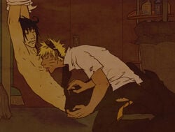 2boys bandana black_hair blonde_hair bound_wrists closet dark_skin forced_yaoi human licking male male_only multiple_males naruto sasuke_uchiha short_hair skully_(artist) topless undressing uzumaki_naruto yaoi