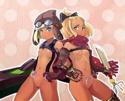 2girls ballista_(sekaiju) blonde_hair bloodlink blue_eyes blush boots bottomless bow breasts clothing dagger dark_skin duo etrian_odyssey eyewear female female_only flat_chest footwear gloves goggles goggles_on_head gun hairbow handwear hat high_ponytail human midriff multiple_girls navel nipples pointy_chin pussy ribbon rogue_(7th_dragon) scarf sekaiju_no_meikyuu sekaiju_no_meikyuu_3 shirt_lift short_hair tan thigh_boots thighhighs tubetop uncensored weapon