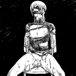 1boy arms_behind_back blindfold bondage bottomless chair cum cum_on_body cum_on_lower_body cum_on_thigh digital_devil_saga gag male malesub monochrome penis serph shin_megami_tensei slave solo torn_clothes uncensored yaoi