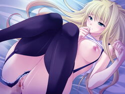 ayase_hazuki bed black_legwear black_thighhighs blonde_hair blood blush breasts celeste_(megami_shimai) censored game_cg garter_straps legs_bent long_hair lying megami_shimai nipple nipples no_bra no_panties norn_(company) penis pussy sex shirt_lift shorts_aside smile thighhighs vaginal_penetration virgin