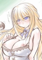 blanc blonde_hair blue_eyes blush breasts cleavage compile_heart dress female gust idea_factory long_hair maxred neptunia_(series) nipple_slip nipples nippon_ichi pointy_chin sega solo vert